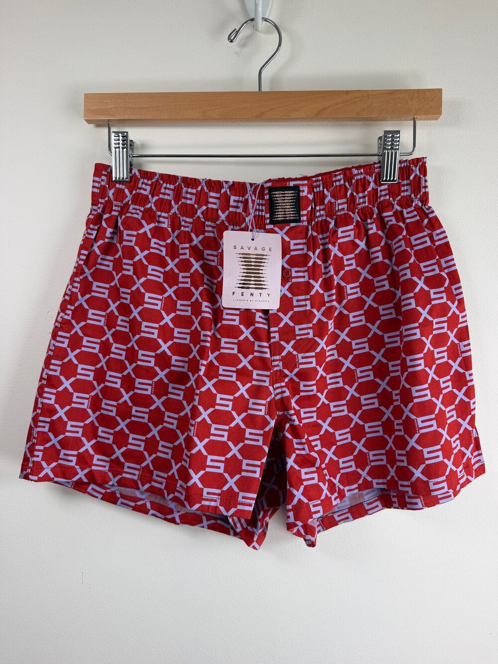 NWT Savage X Fenty Logo Print Boxer Shorts Red Blue Cotton Lounge Sleep Shorts S